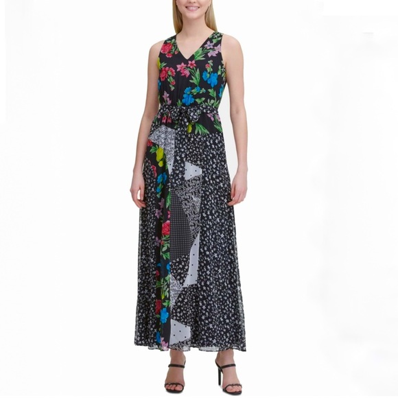 NWT CALVIN KLEIN Black Chiffon Patchwork Sleeveless Maxi Dress Women’s Small - Picture 1 of 13